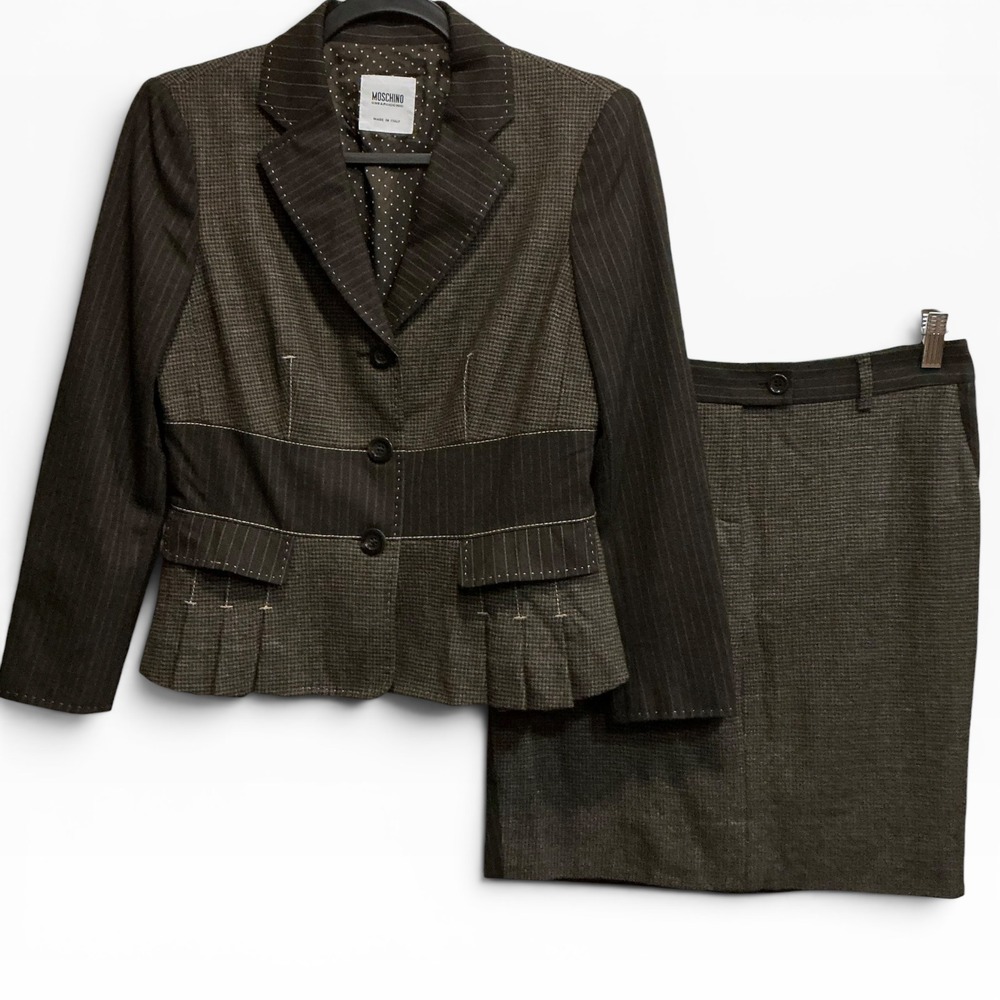 VTG Moschino Tailored Patchwork Blazer & Skirt Suit Set Houndstooth Italy M 8 10